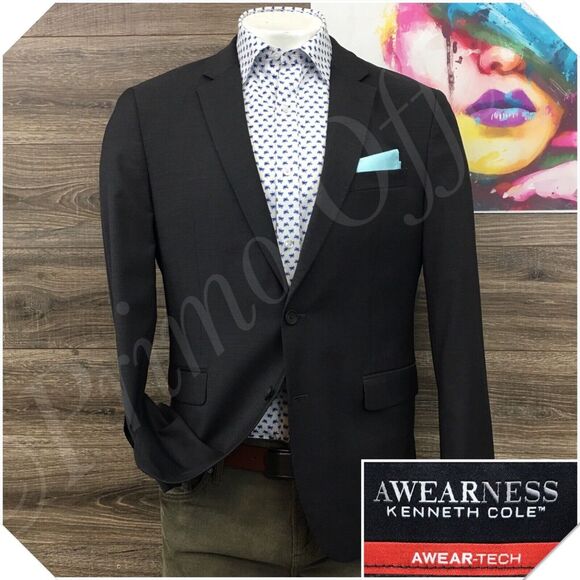 KENNETH COLE Mens Blazer Sport Coat Casual Jacket Size 44R Slim Gray‎ Wool Suit - Picture 1 of 12